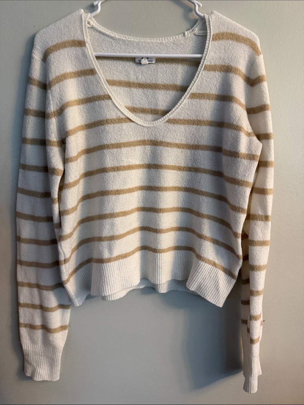 aerie Cream and Tan Striped V-Neck Pullover